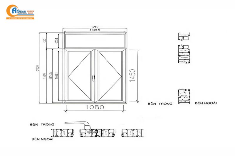 kích thước cửa sổ 2 cánh