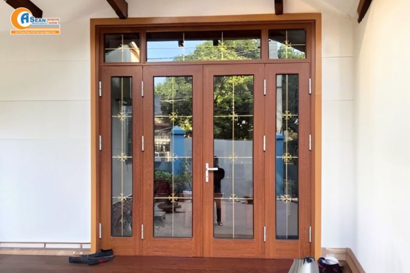 cửa nhôm giả gỗ 4 cánh