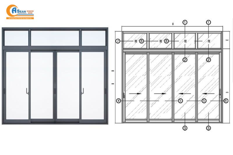 cách trừ cửa lùa 4 cánh hệ 55