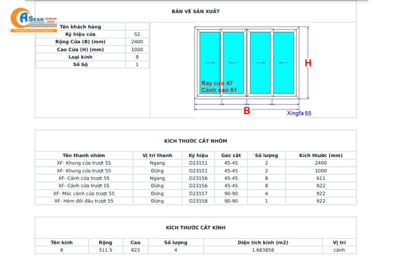 cách trừ cửa sổ lùa 4 cánh hệ 55