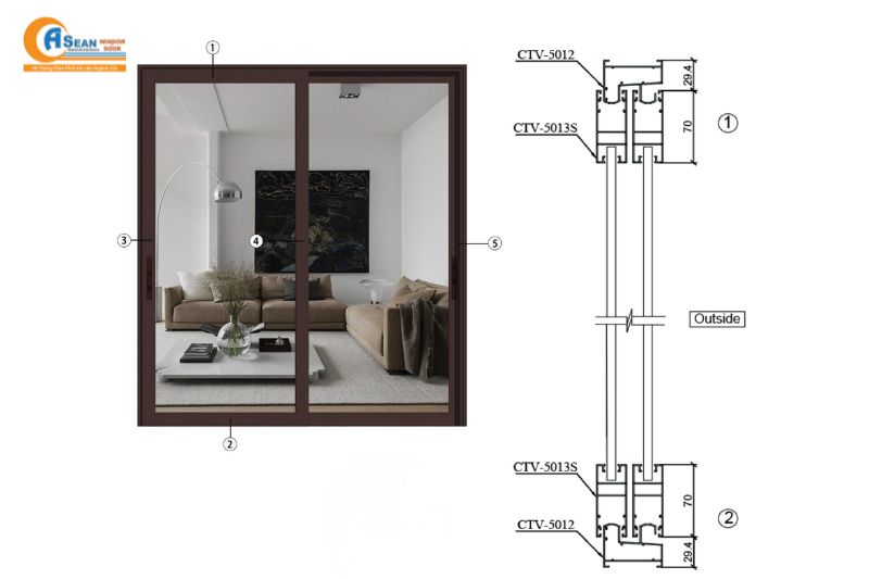 công thức trừ cửa lùa 2 cánh hệ 55
