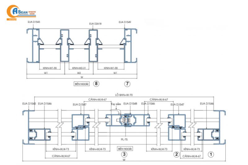công thức trừ cửa lùa 2 cánh hệ 55