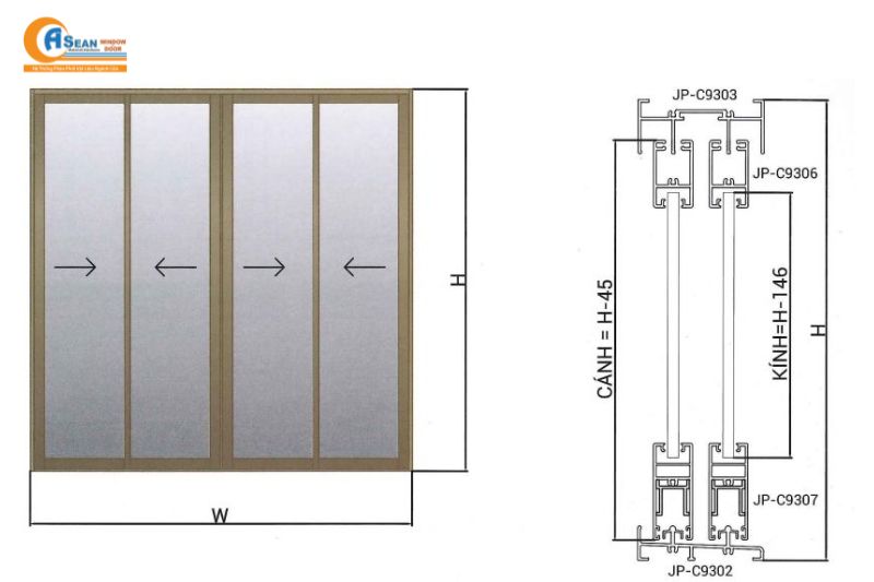 công thức trừ cửa lùa 4 cánh hệ 55 pma