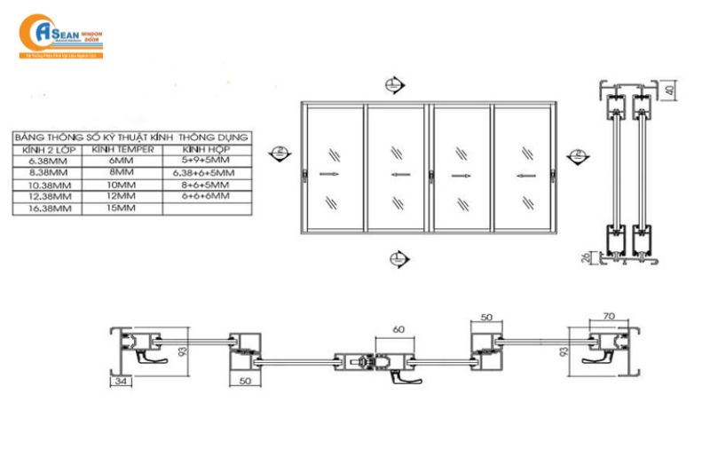 công thức trừ cửa lùa 4 cánh hệ 55 pma