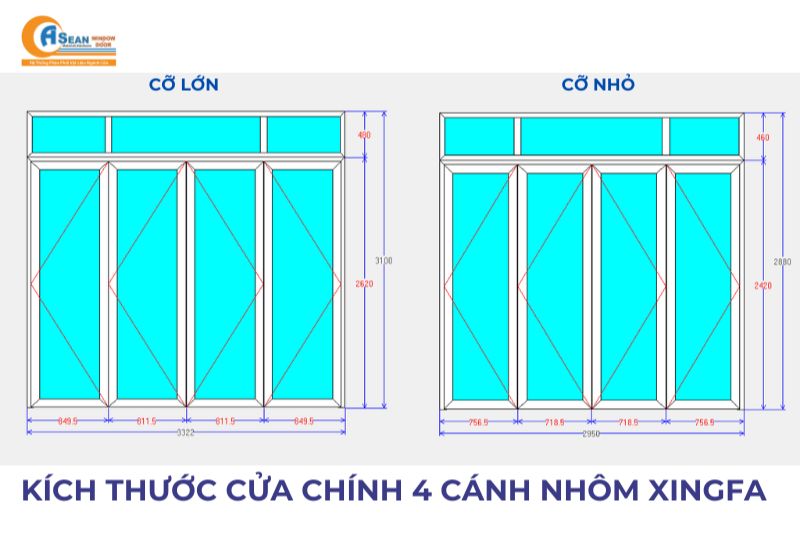 kích thước cửa chính 4 cánh nhôm xingfa