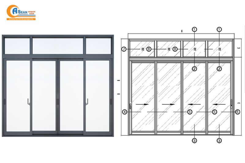 kích thước cửa chính 4 cánh nhôm xingfa