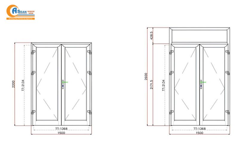 kích thước cửa đi 2 cánh nhôm xingfa