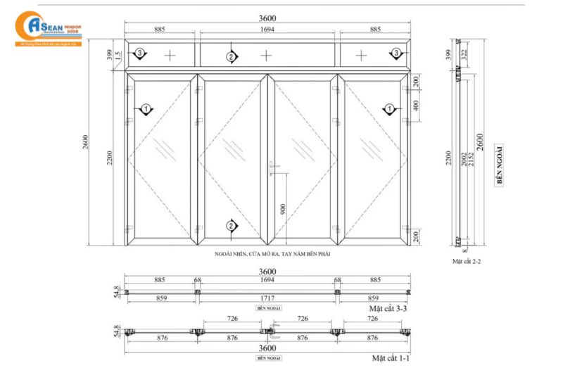 kích thước cửa nhôm kính 4 cánh