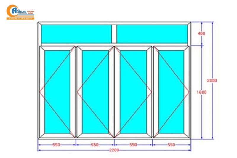 kích thước cửa sổ 4 cánh nhôm xingfa