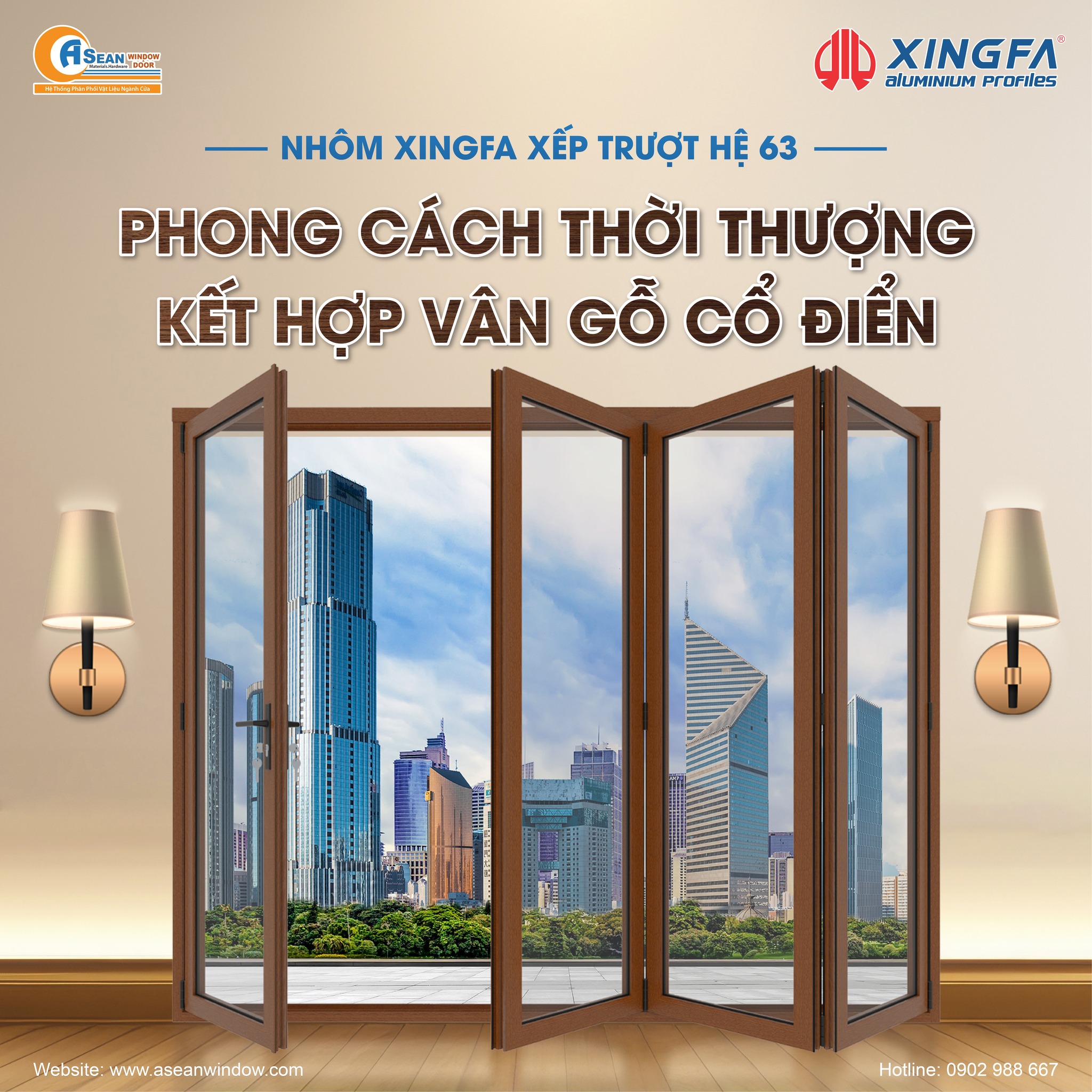 Nhôm Xingfa xếp trượt hệ 63 vân gỗ
